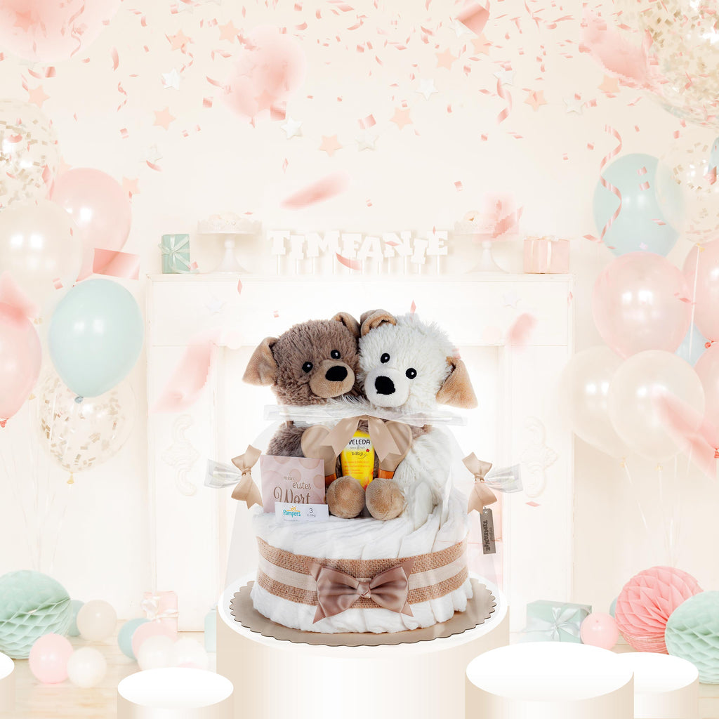 Windeltorte mit Warmies® Hunde Zwillinge | neutral