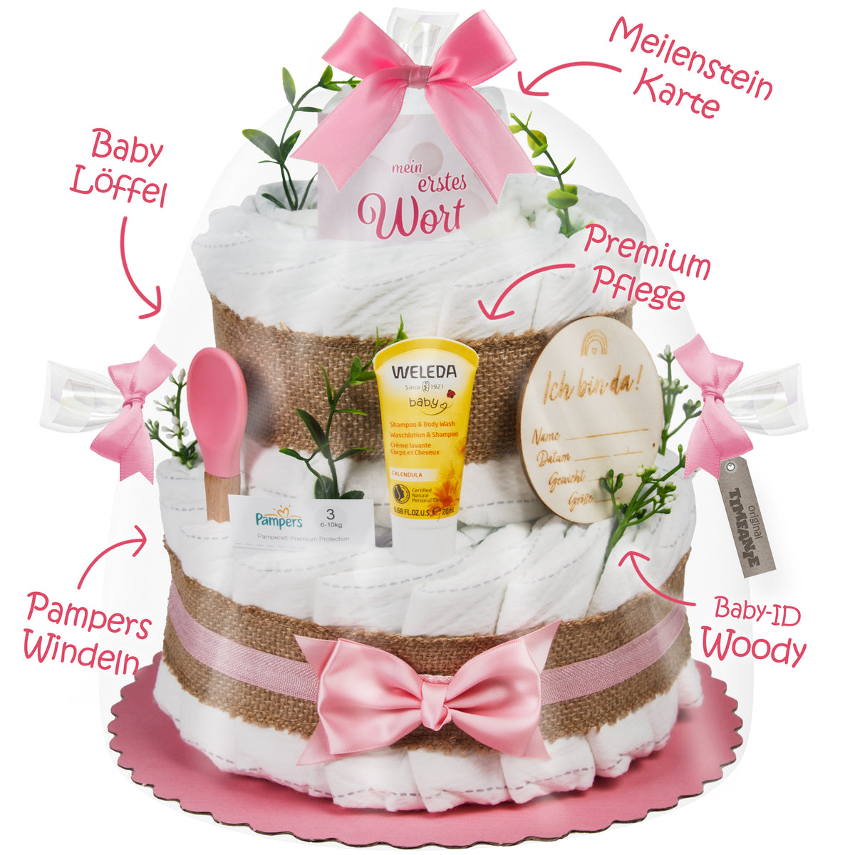 Windeltorte Boho Baby-Cake | rosa