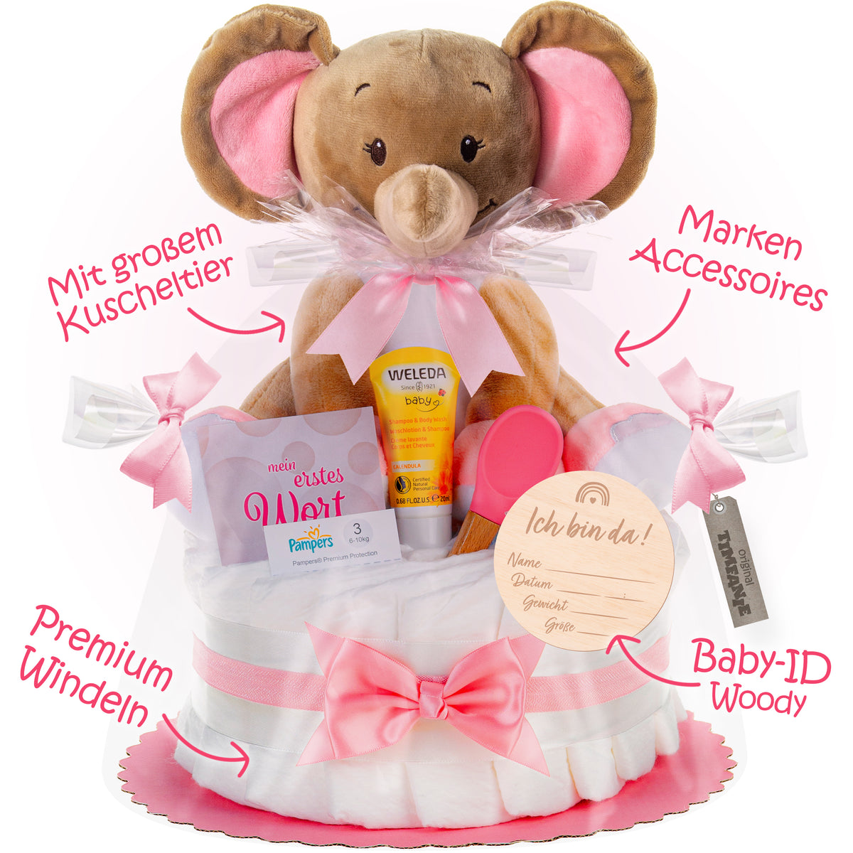 Windeltorte Kuschel Elefant | rosa