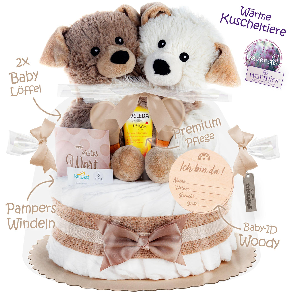 Windeltorte mit Warmies® Hunde Zwillinge | neutral