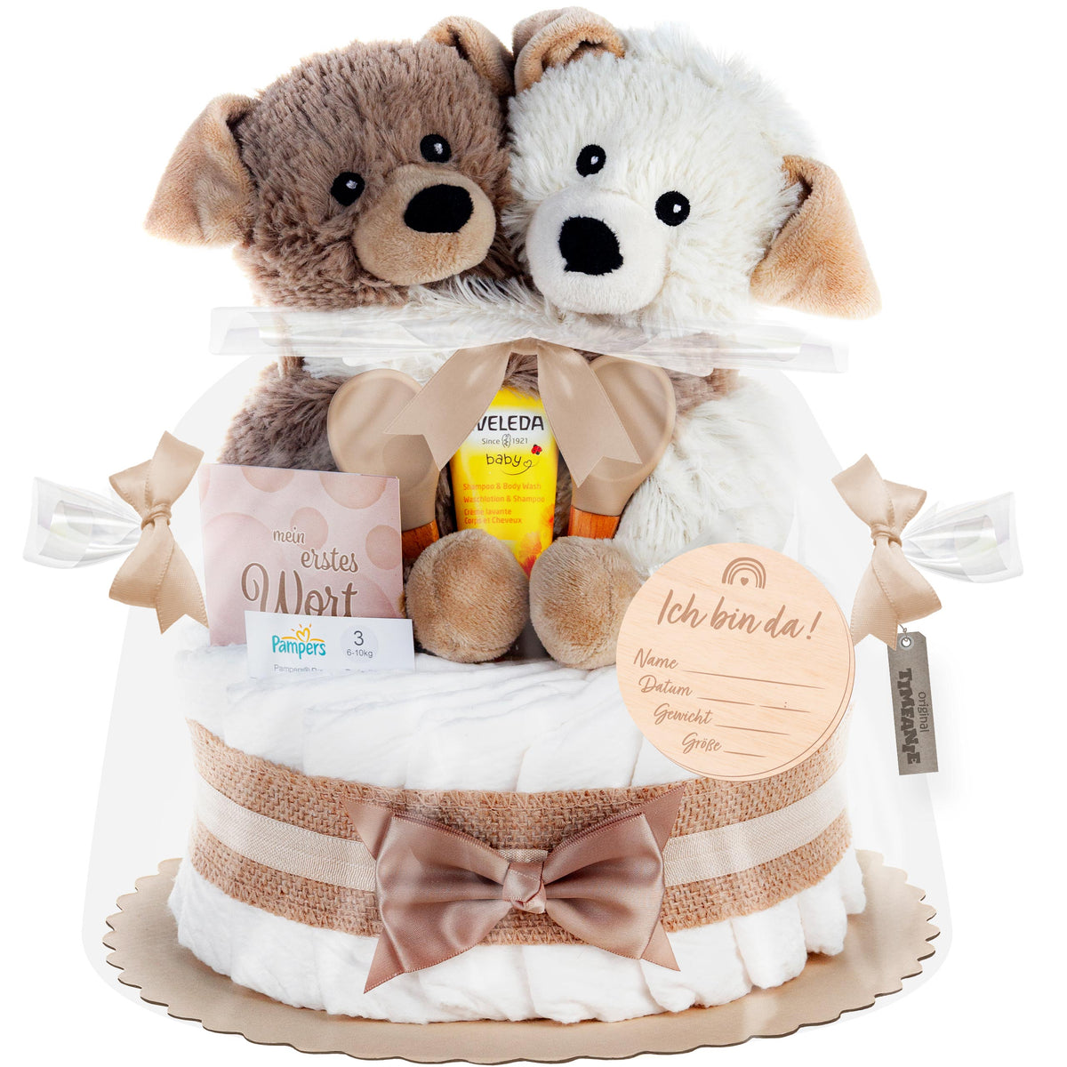 Windeltorte mit Warmies® Hunde Zwillinge | neutral