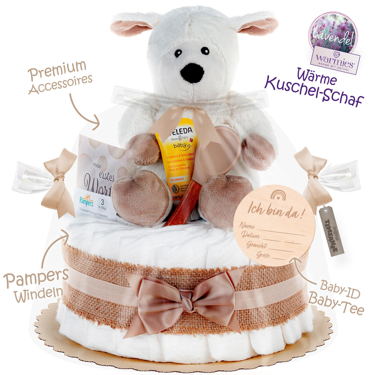 Windeltorte mit Warmies® Schaf | neutral
