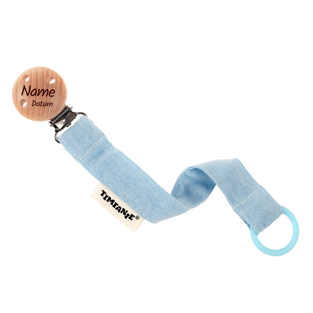 Timfanie® Schnullerhalter | BOY | babyblau | Band / Kette aus Stoff mit Gravur & Adapter