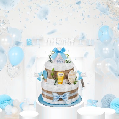 Windeltorte | Boho Baby-Cake | blau | 0-8 Monate