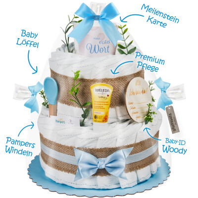 Windeltorte | Boho Baby-Cake | blau | 0-8 Monate